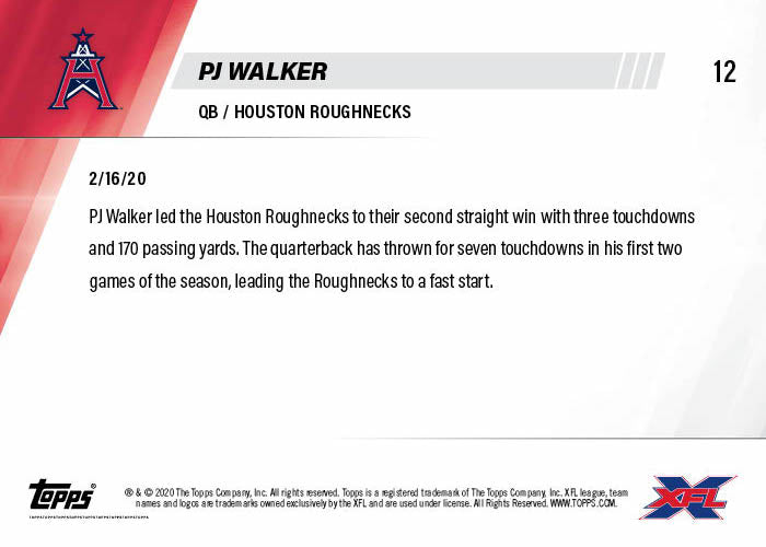 Alternative view of PJ Walker - XFL TOPPS NOW Card 12 - Print Run: 375