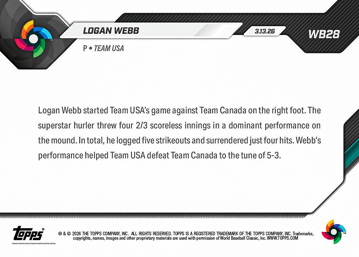 Logan Webb - 2026 World Baseball Classic Topps NOW - Card 28 - PR: 1156 - Image 2