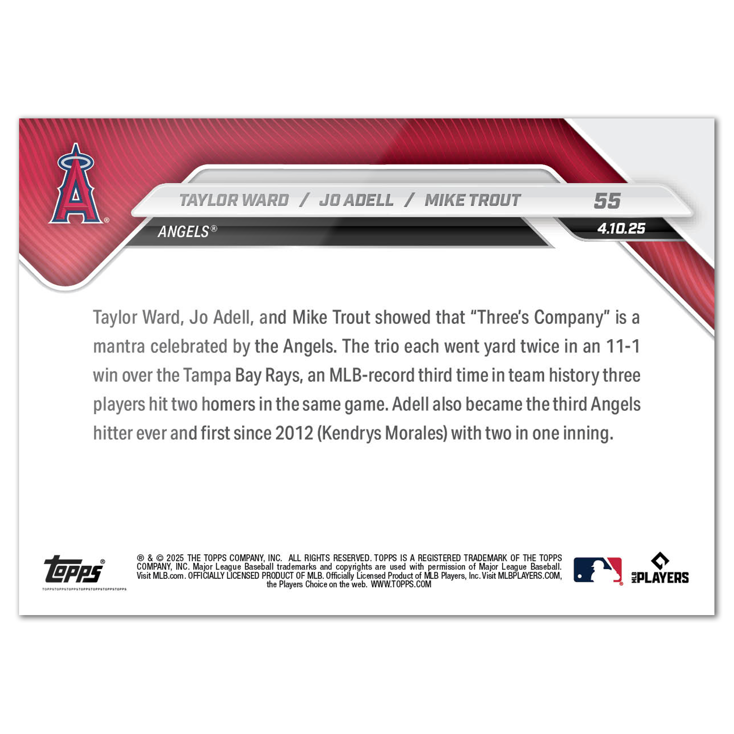 Alternative view of Taylor Ward/Jo Adell/Mike Trout - 2025 MLB Topps NOW - Card 55 - PR: 932