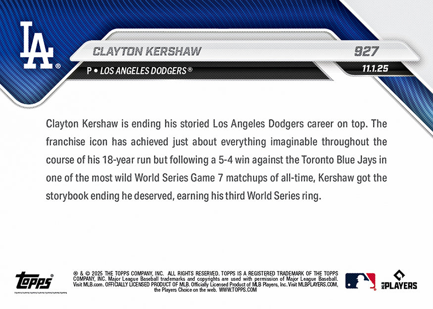 Clayton Kershaw - 2025 MLB Topps NOW - Card 927 - PR; 10026 - Image 3