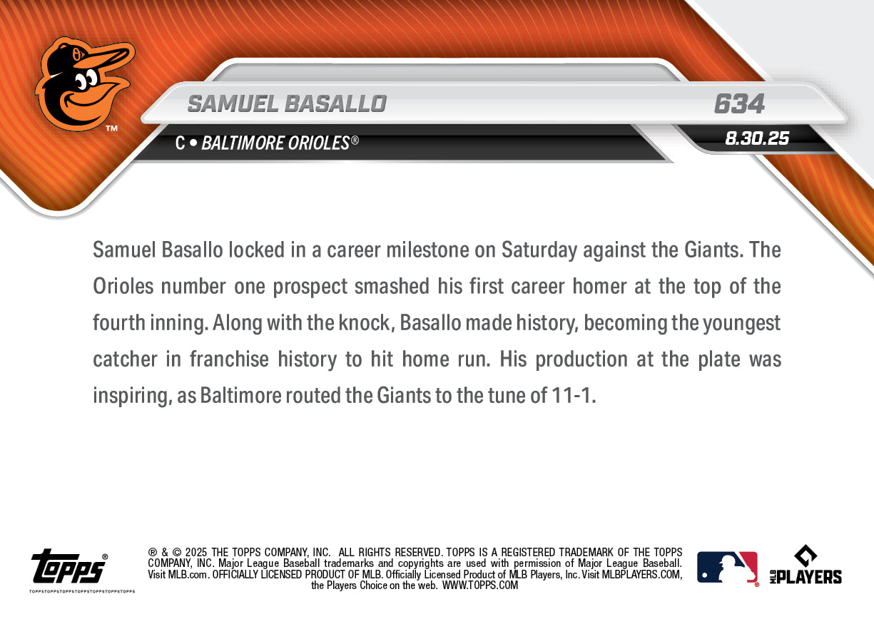 Samuel Basallo - 2025 MLB Topps NOW - Card 634 - PR: 1656 - Image 2