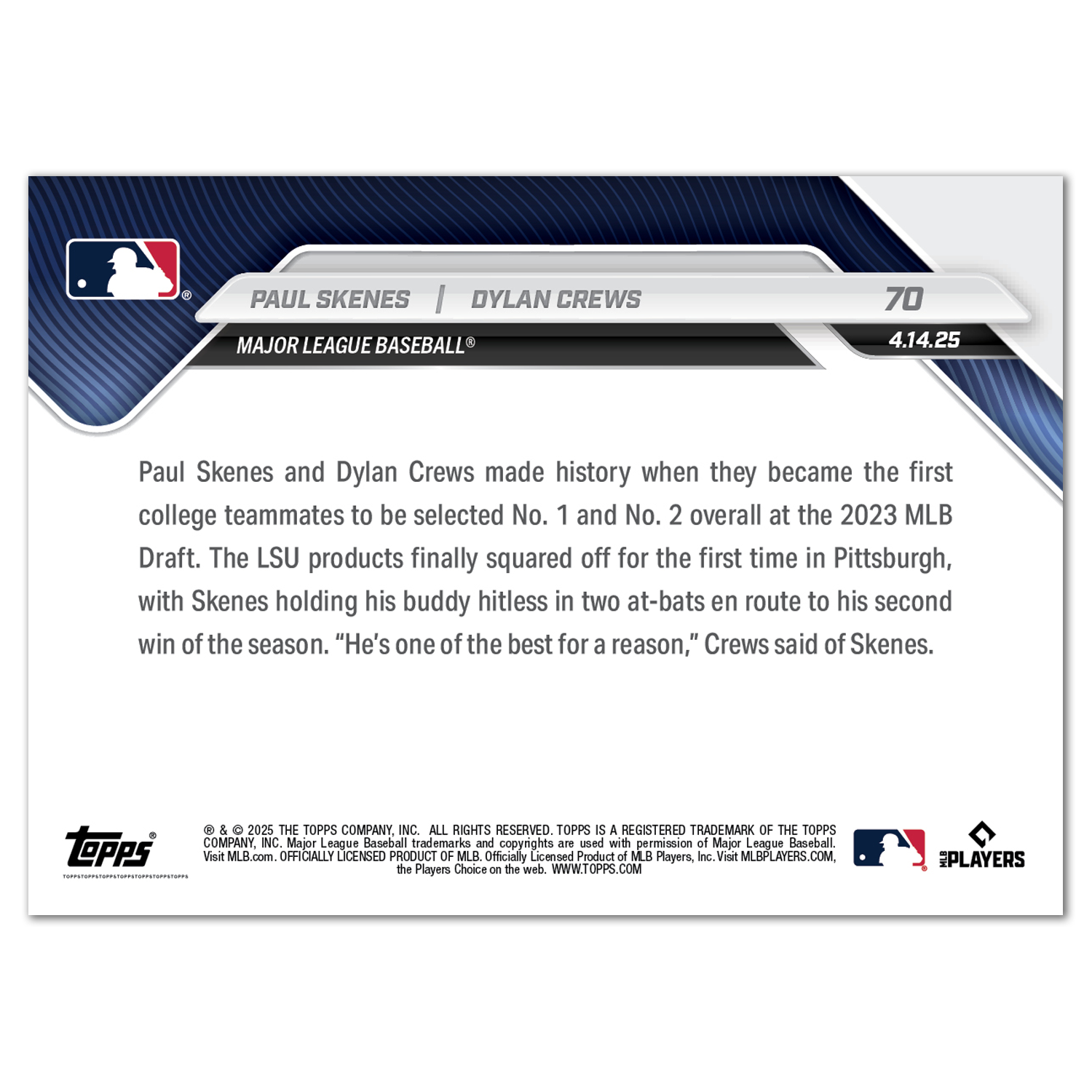 Paul Skenes/Dylan Crews - 2025 MLB Topps NOW - Card 70 - PR: 2794 - Image 2