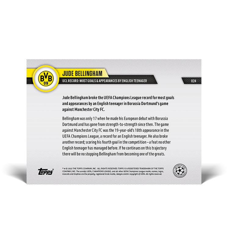 Alternative view of UEFA Champions League Record: Most goals and appearances by English teenager - UCL TOPPS NOW Card #24 - PR: 1255