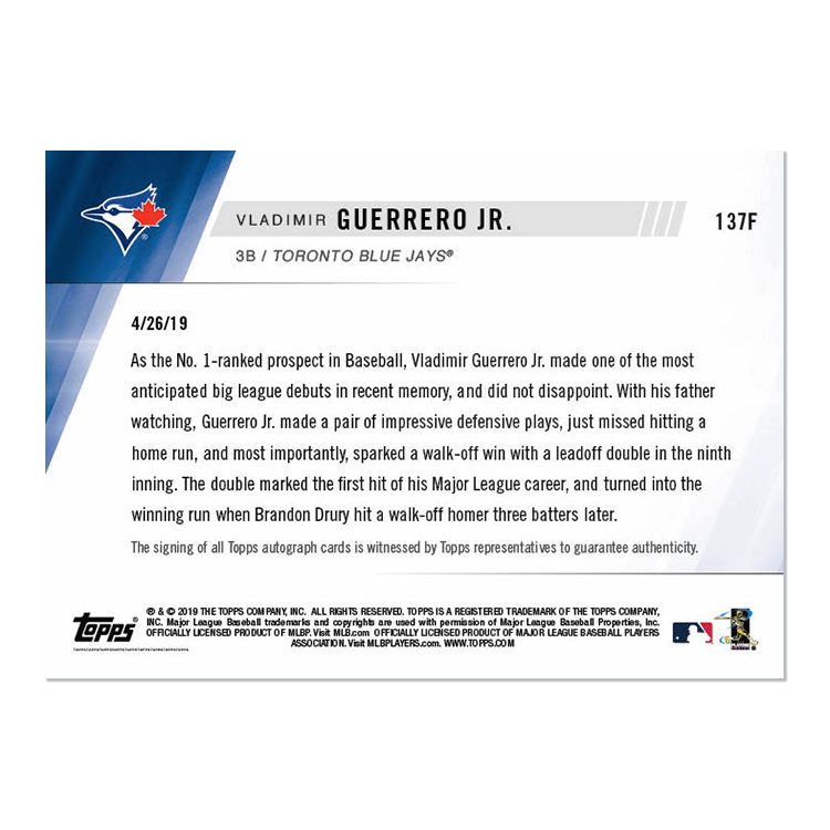 On-Card Autograph # to 1 - Vladimir Guerrero Jr. - MLB TOPPS NOW Card 137F - Image 2