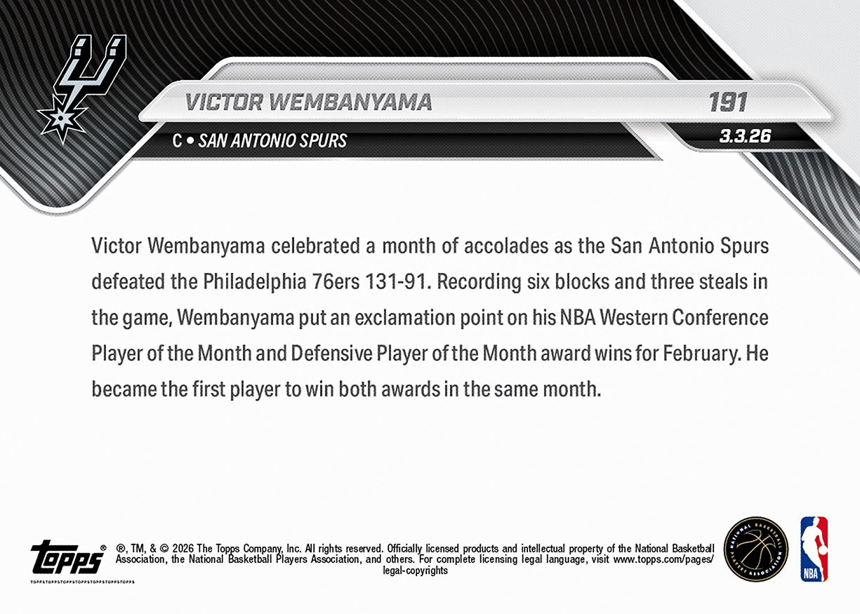 Victor Wembanyama - 2025-26 NBA Topps NOW - Card 191 - PR: 5245 - Image 2