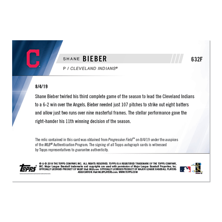 On-Card Auto Relic with Insc. # to 1 - Shane Bieber - MLB TOPPS NOW Card 632F - Image 2