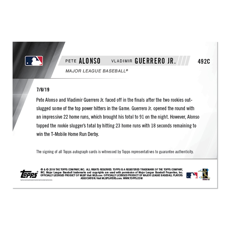Dual On-Card Autograph # to 5 - Guerrero Jr./Alonso - MLB TOPPS NOW Card 492C - Image 2