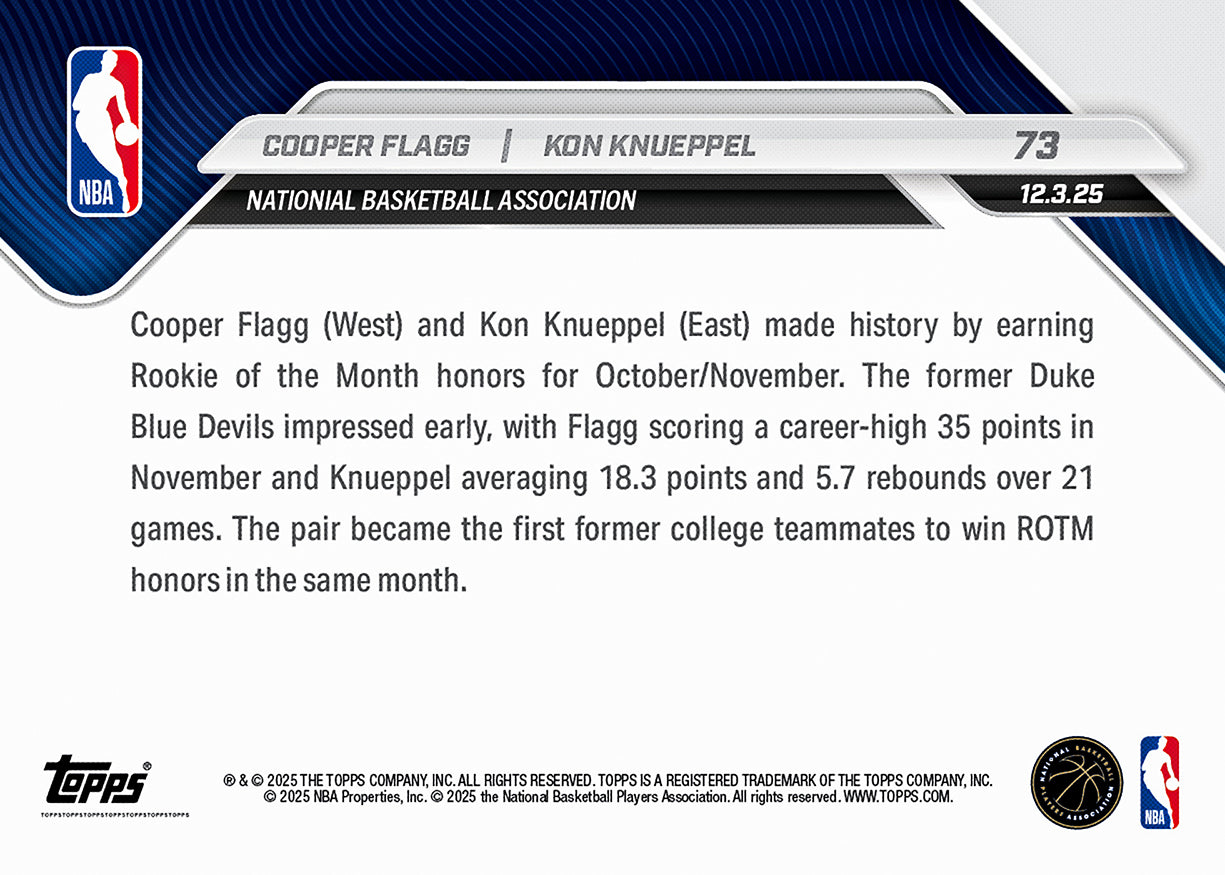 Cooper Flagg / Kon Knueppel - 2025-26 NBA Topps NOW - Card 73 - PR: 6180 - Image 2