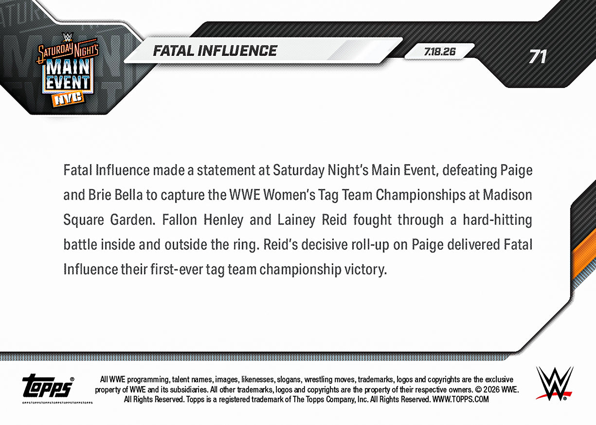 Fatal Influence - 2026 WWE Topps NOW - Card 71 - PR: 1080 - Image 2