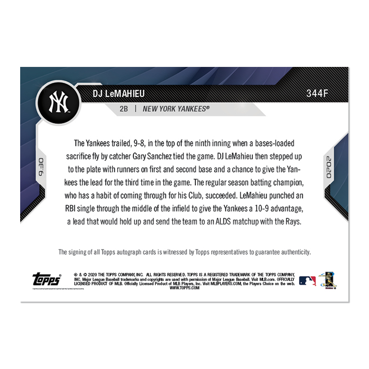 On-Card Auto # to 1 - DJ LeMahieu - MLB TOPPS NOW Card 344F - Image 2