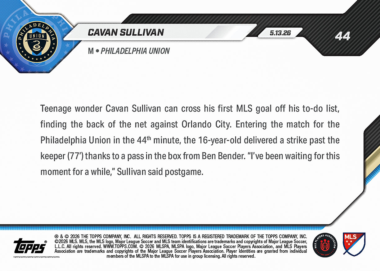 Cavan Sullivan - 2026 MLS Topps NOW - Card 44 - PR: 2629 - Image 3