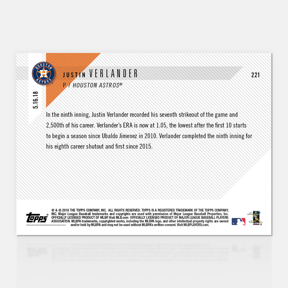Justin Verlander - 05/16/2018 TOPPS NOW Card 221 - Print Run: 584 - Image 2