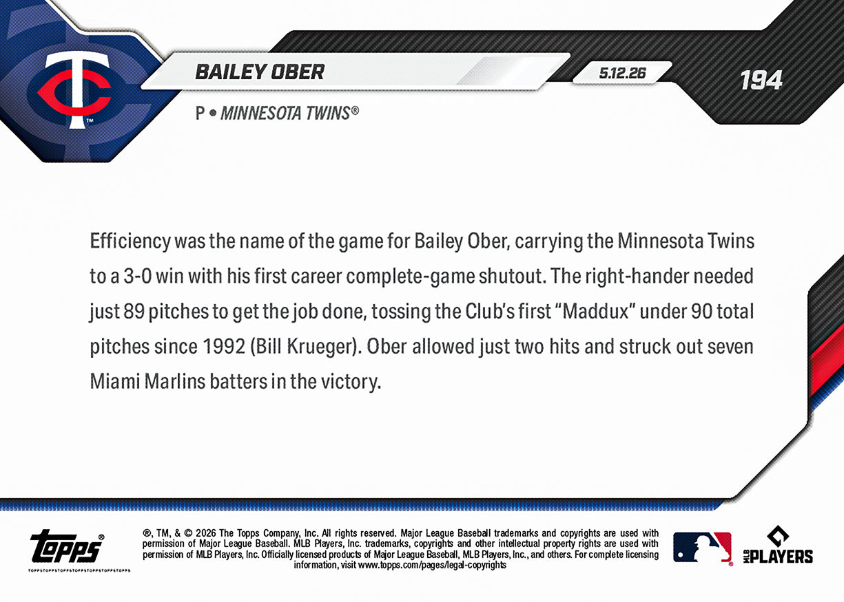 Bailey Ober - 2026 MLB Topps NOW - Card 194 - PR: 737 - Image 2