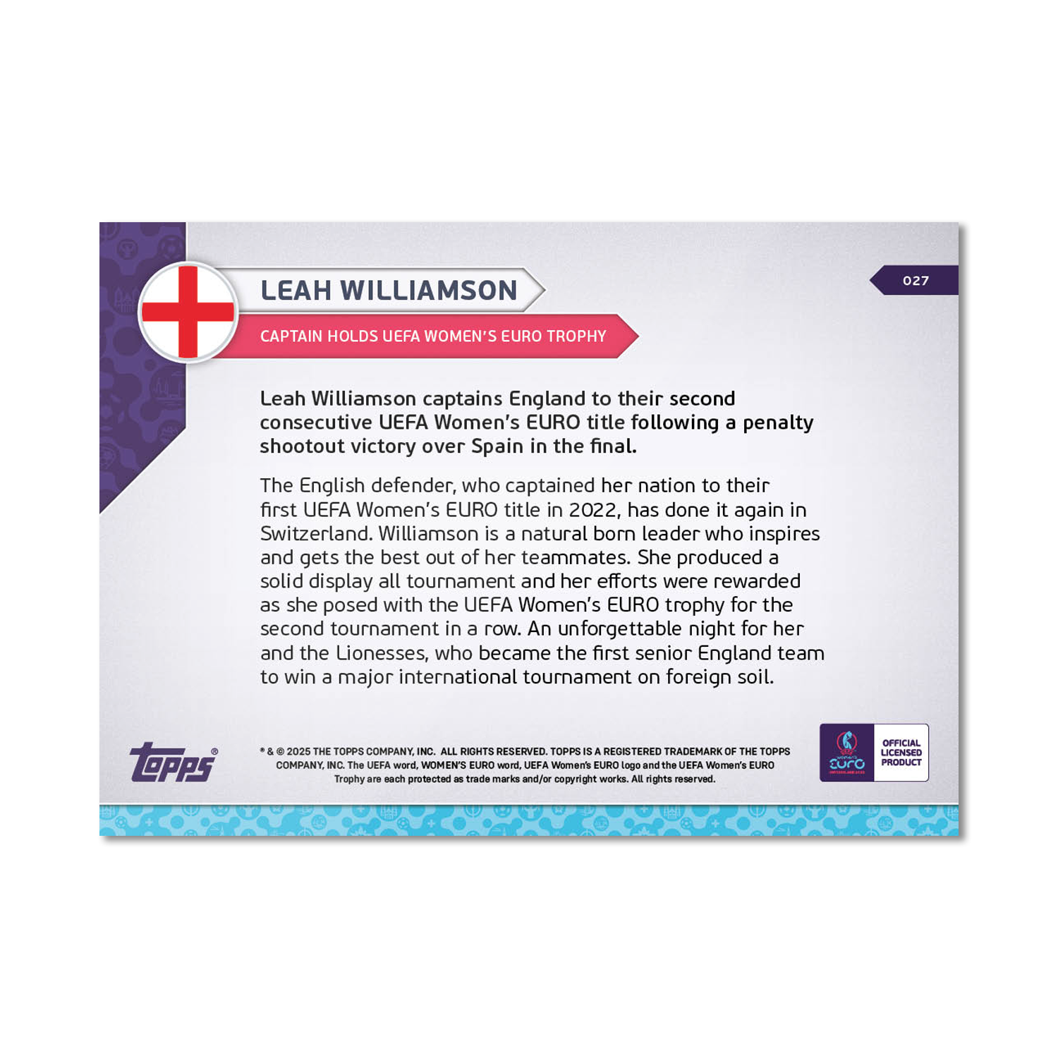 Leah Williamson - UEFA Women’s EURO 2025™ Topps NOW - Card 27 - LOOK FOR AUTO - PR: 915 - Image 8
