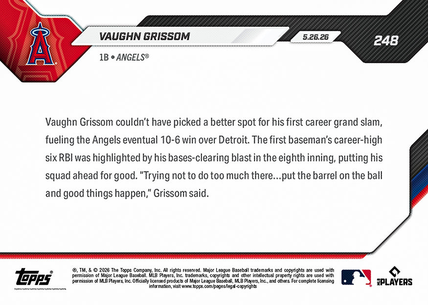 Alternative view of Vaughn Grissom - 2026 MLB Topps NOW - Card 248 - PR: 368