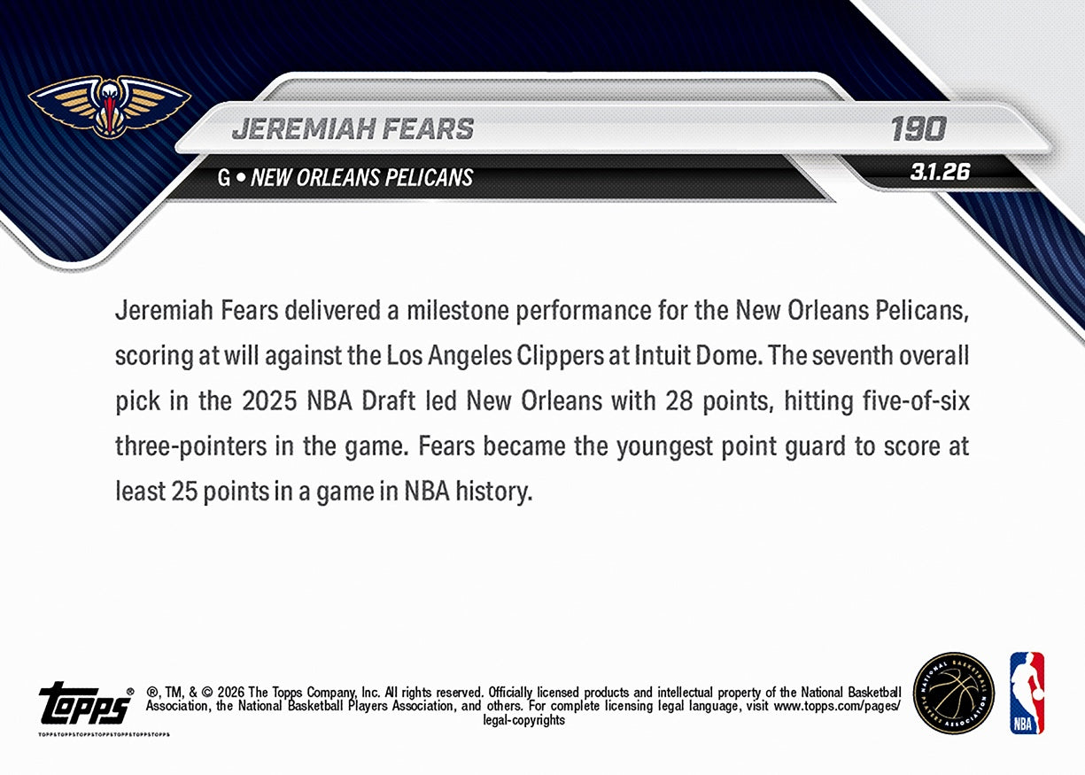 Jeremiah Fears - 2025-26 NBA Topps NOW - Card 190 - PR: 784 - Image 2