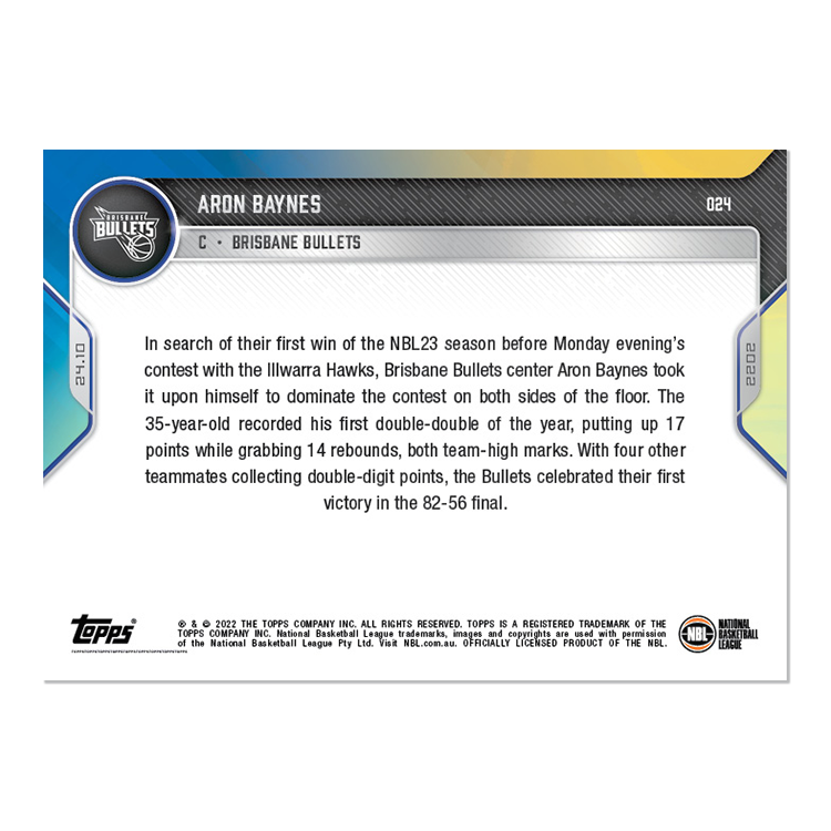 Aron Baynes - 2022-23 NBL TOPPS NOW Card 24 - PR: 76 - Image 2