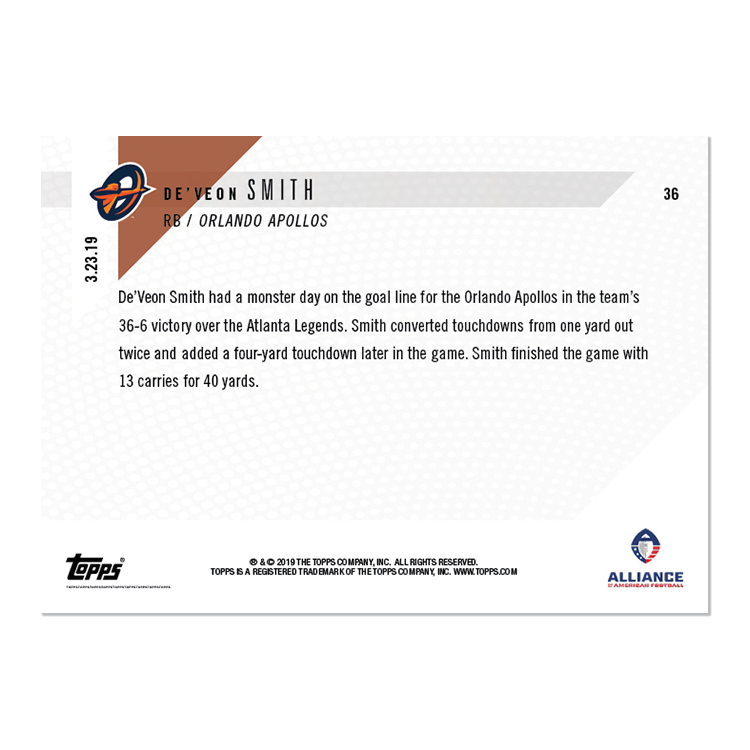 De'Veon Smith - AAF TOPPS NOW Card 36 - Print Run: 226 - Image 2