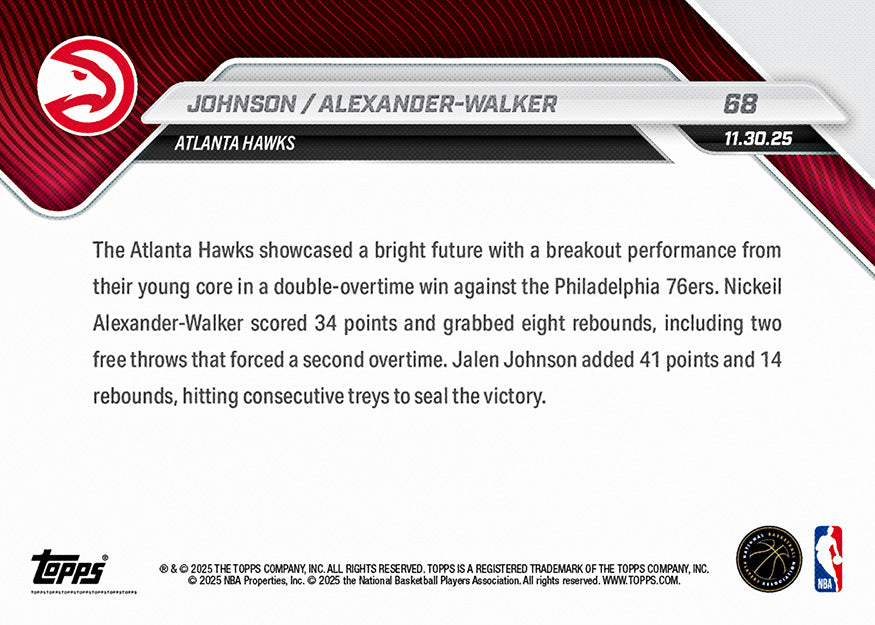 Jalen Johnson/Nickeil Alexander-Walker - 2025-26 NBA Topps NOW - Card 68 - PR: 1063 - Image 2
