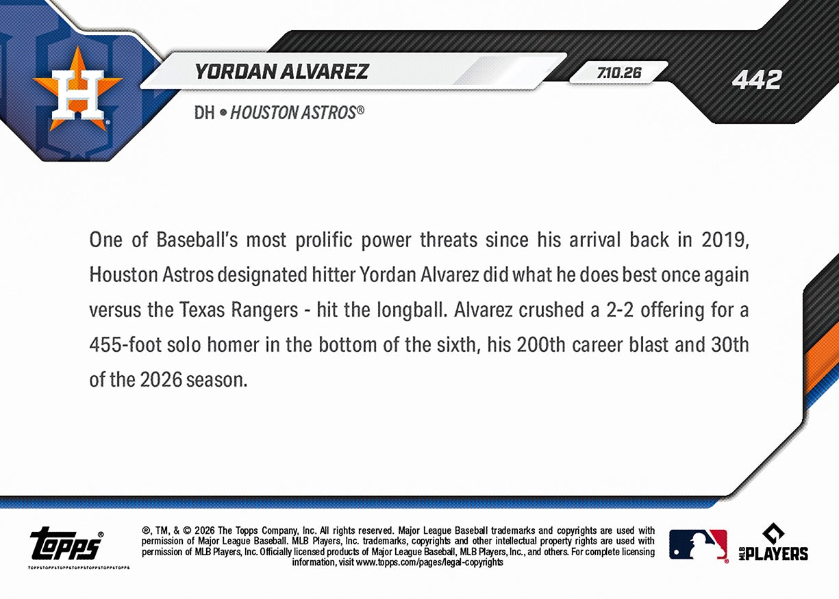 Alternative view of Yordan Alvarez - 2026 MLB Topps NOW - Card 442 - PR: 635