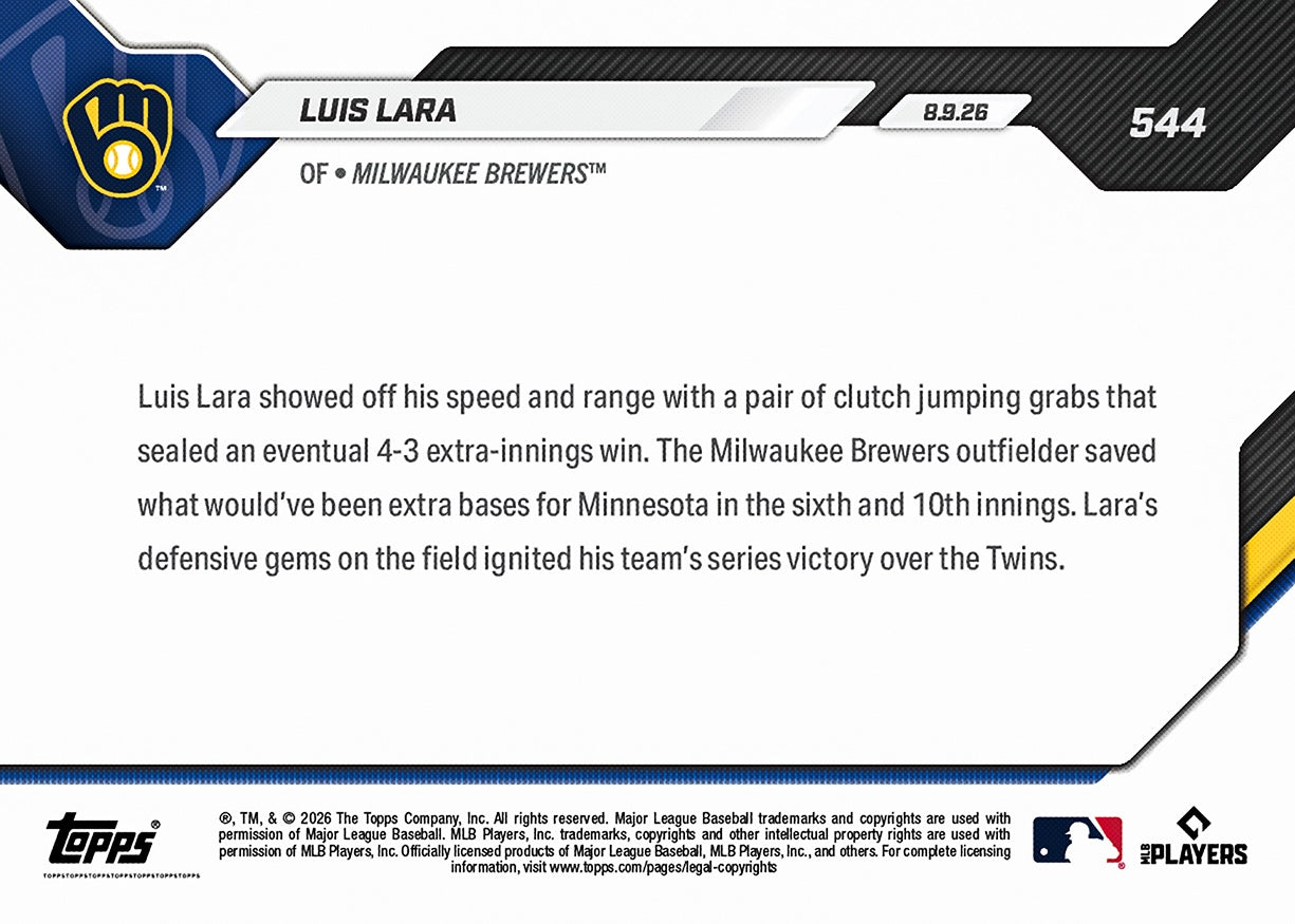 Luis Lara - 2026 MLB Topps NOW - Card 544 - PR: 1355 - Image 2
