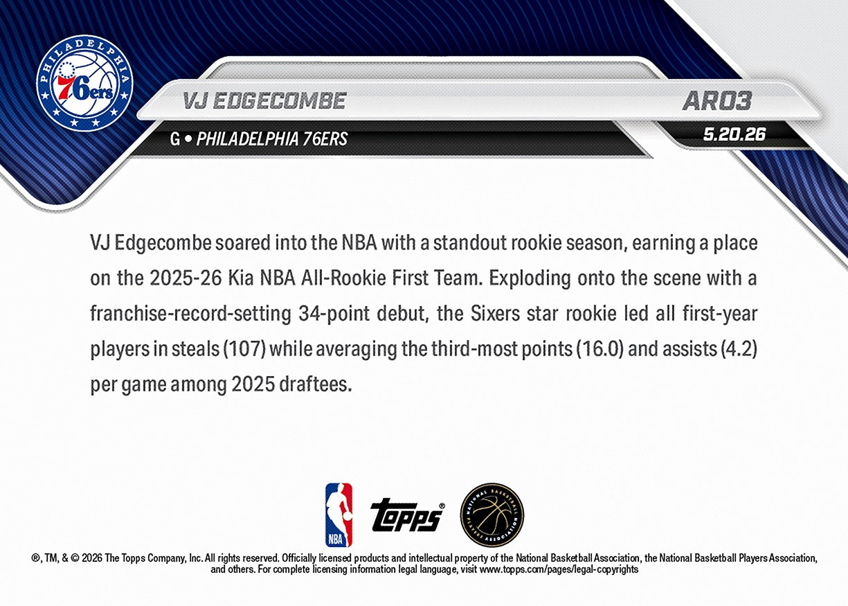 Alternative view of VJ Edgecombe - 2025-26 NBA Topps NOW - Card AR03 - PR: 5868