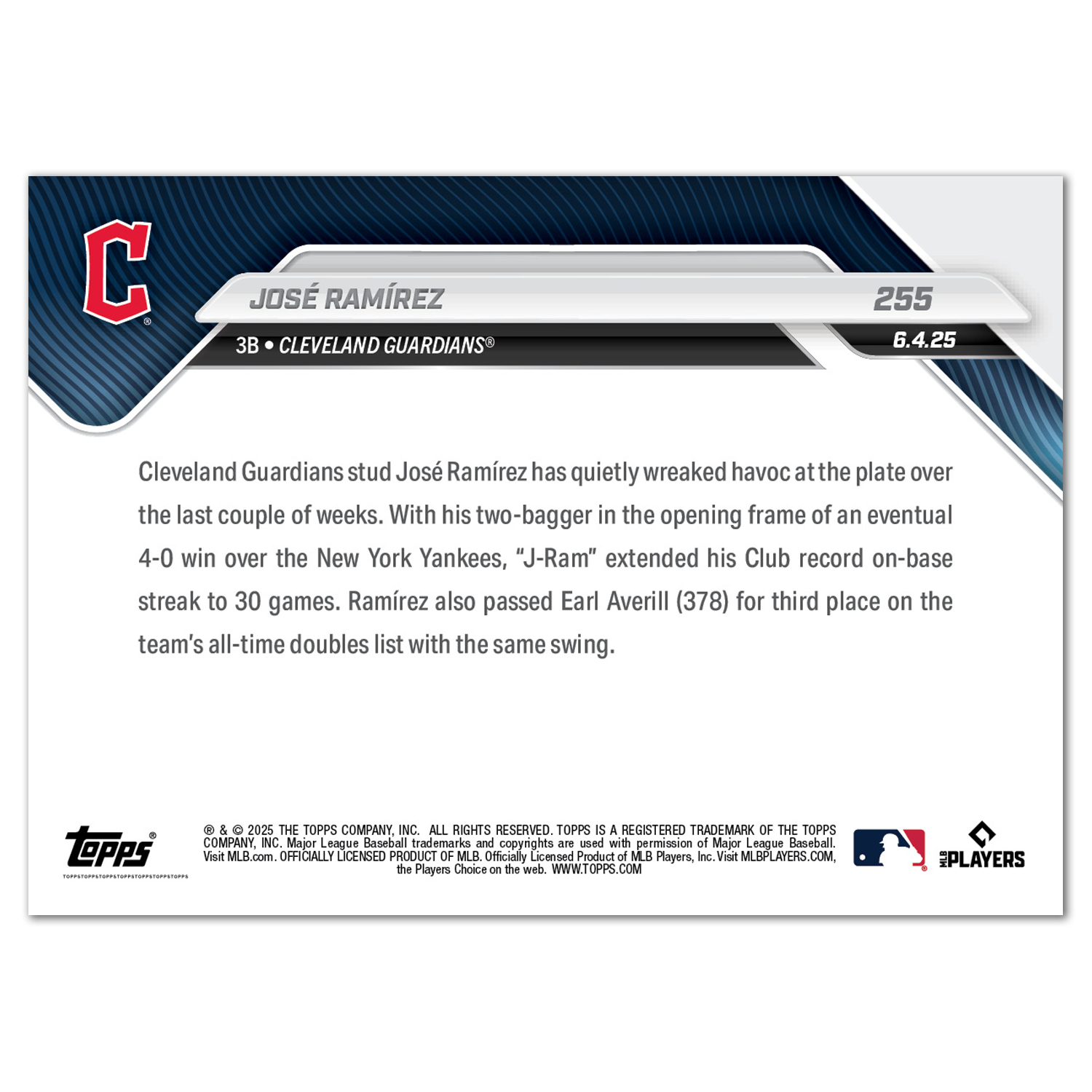 José Ramírez - 2025 MLB Topps NOW - Card 255 - PR: 465 - Image 2