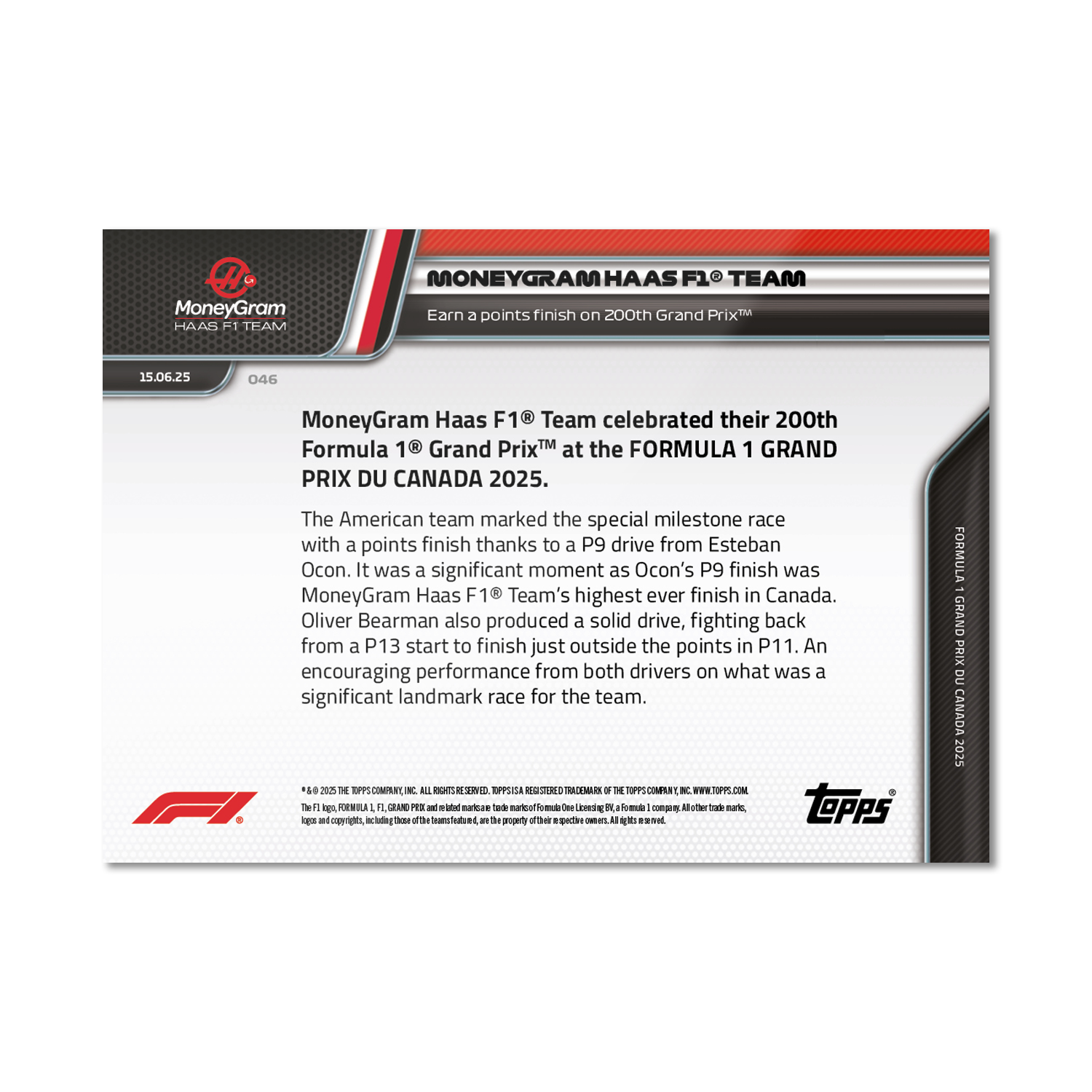 MoneyGram Haas F1 Team - 2025 Formula 1 Topps NOW - Card 46 - PR: 729 - Image 7
