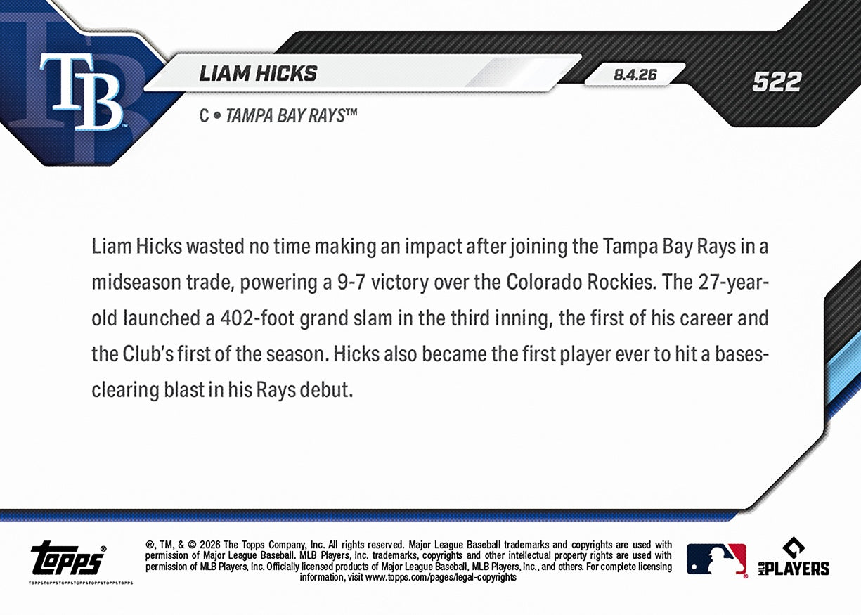 Liam Hicks - 2026 MLB Topps NOW - Card 522 - PR: 654 - Image 2