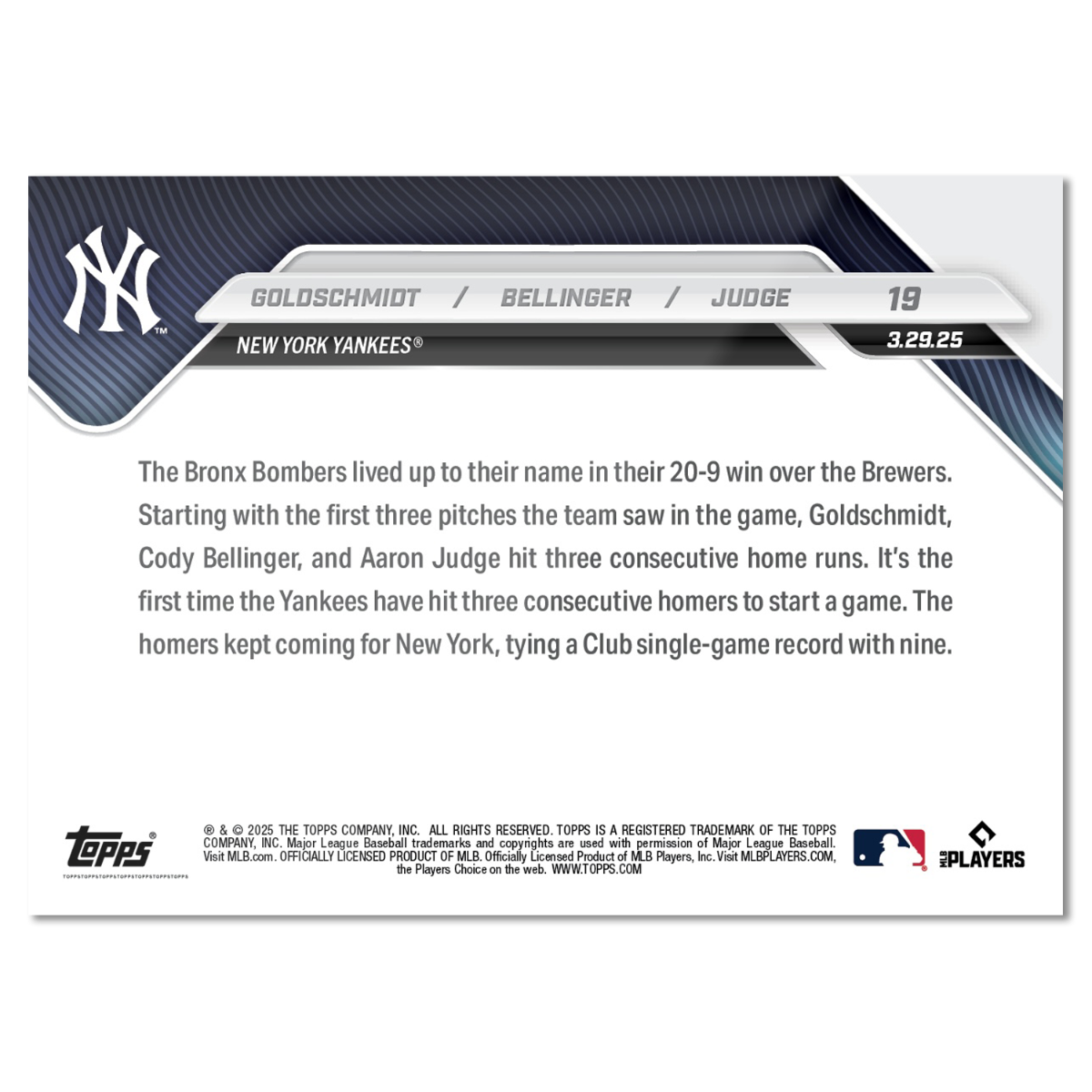 Paul Goldschmidt/Cody Bellinger/Aaron Judge - 2025 MLB Topps NOW - Card 19 - LOOK FOR RELICS - PR: 4705 - Image 3