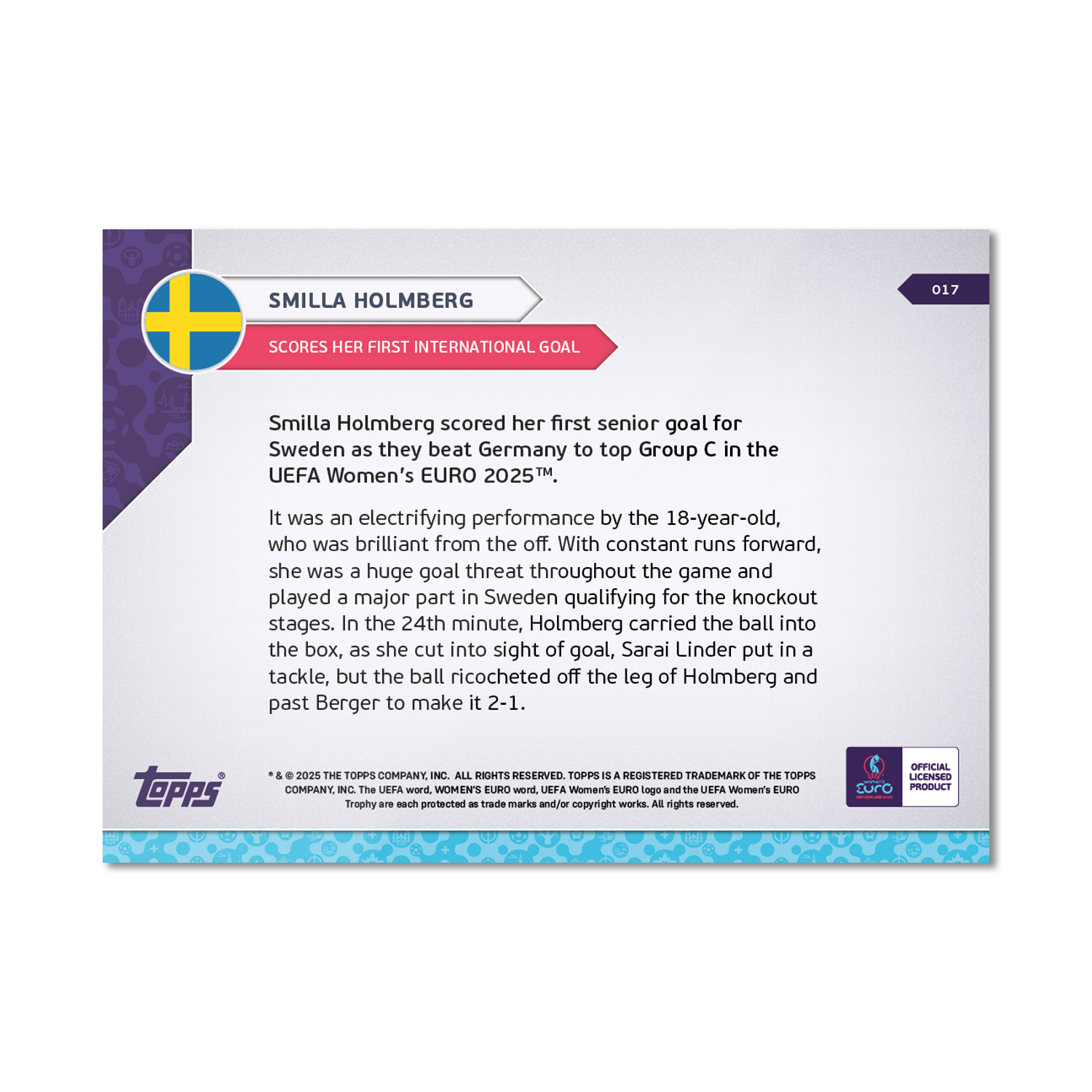 Smilla Hilma Holmberg - UEFA Women’s EURO 2025™ Topps NOW - Card 17 - PR: 138 - Image 7