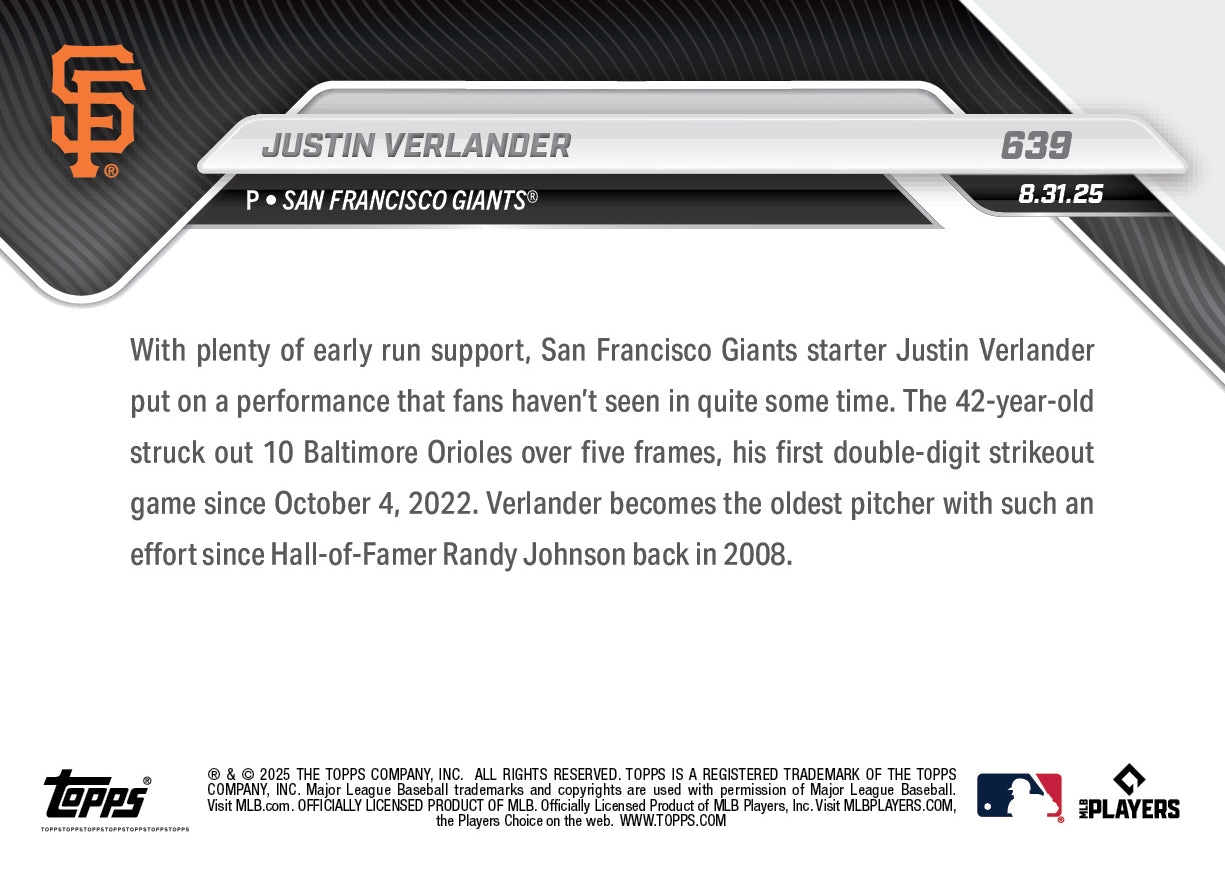 Justin Verlander - 2025 MLB Topps NOW - Card 639 - PR: 411 - Image 2