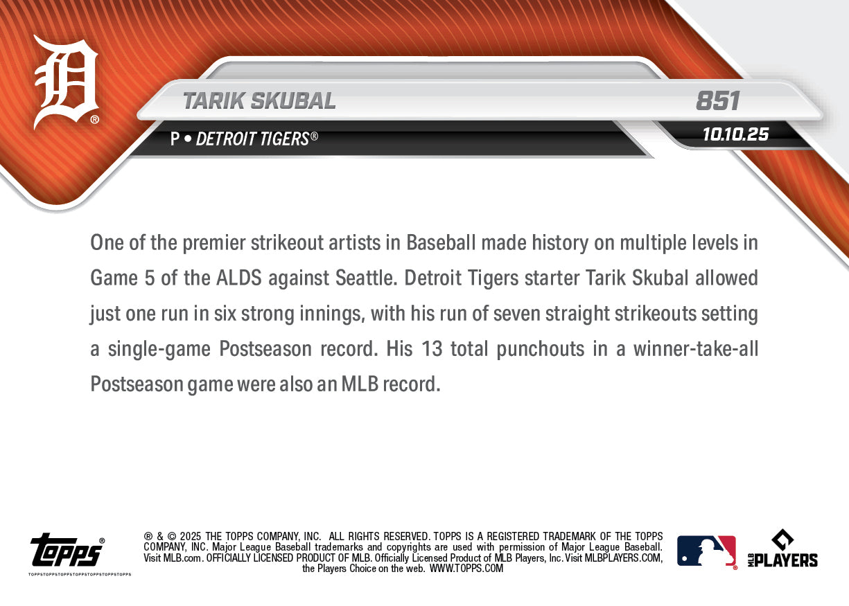 Tarik Skubal - 2025 MLB Topps NOW - Card 851 - PR: 1623 - Image 2