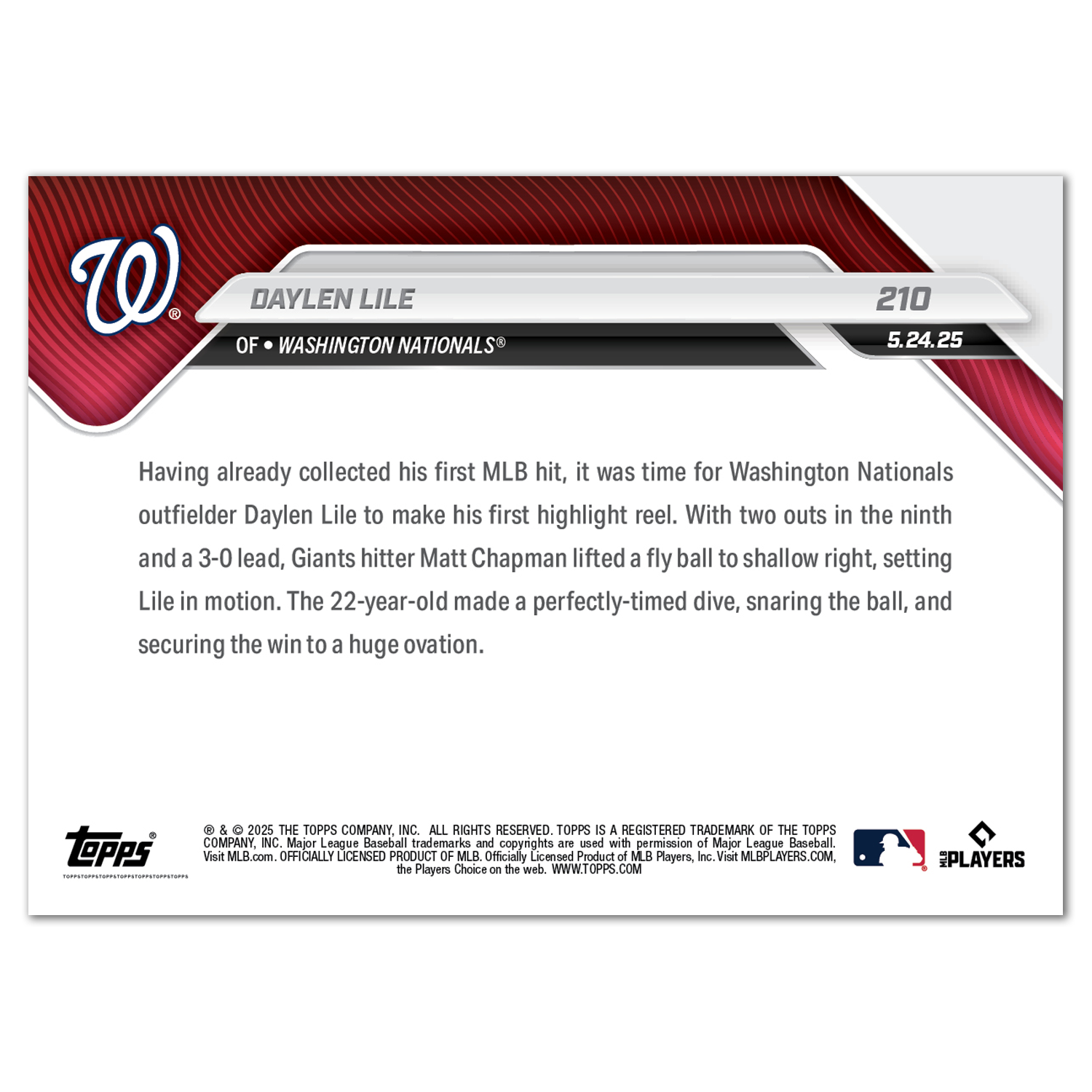 Daylen Lile - 2025 MLB Topps NOW - Card 210 - PR: 621 - Image 2