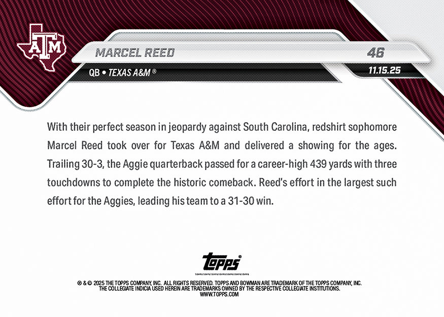 Marcel Reed - 2025-26 Bowman U NOW Football - Card 46 - PR: 796 - Image 2