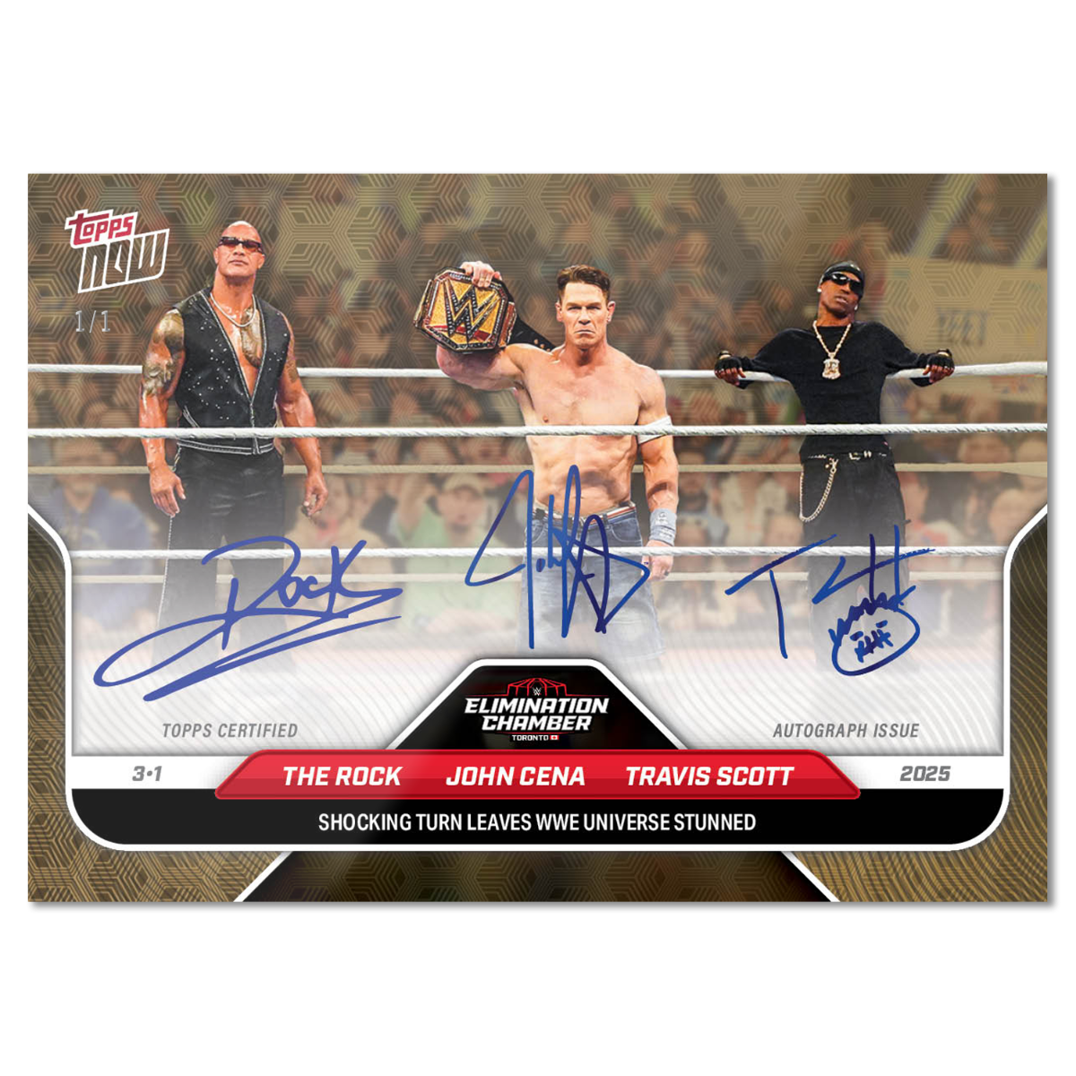 Alternative view of The Rock/John Cena/Travis Scott - 2025 WWE Topps NOW - Card 27 - LOOK FOR TRIPLE AUTO - PR: 55,211