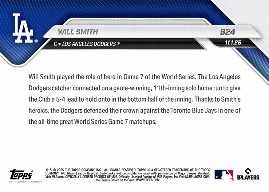 Will Smith - 2025 MLB Topps NOW - Card 924 - PR: 9898 - Image 3