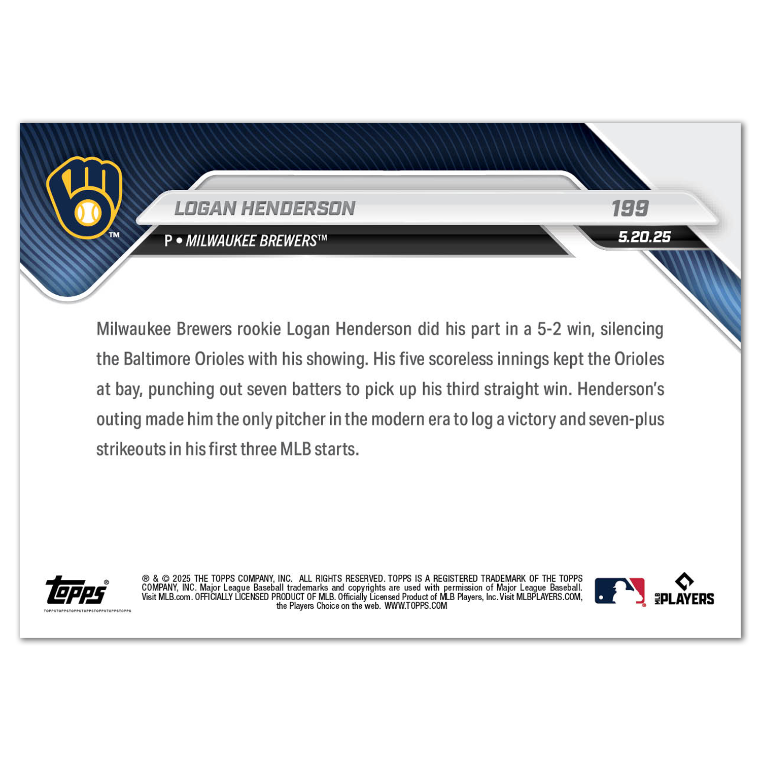 Logan Henderson - 2025 MLB Topps NOW - Card 199 - PR: 597 - Image 2