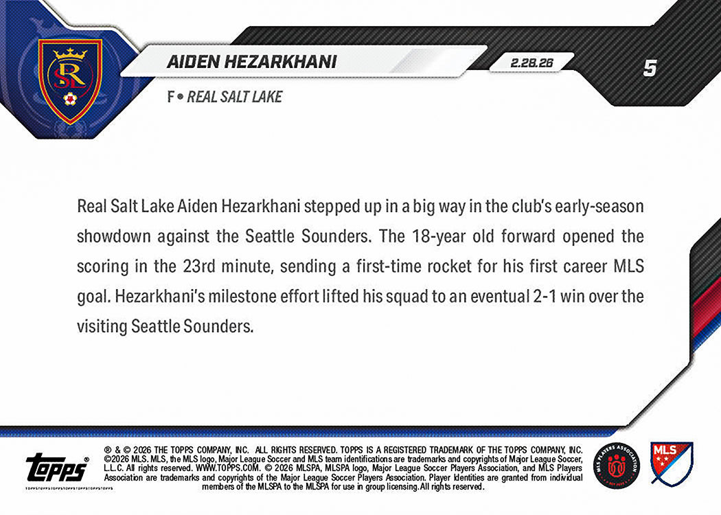 Aiden Hezarkhani - 2026 MLS Topps NOW - Card 5 - PR: 361 - Image 2