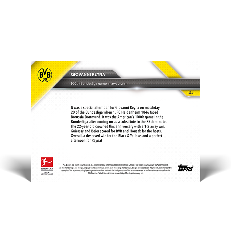 Giovanni Reyna - 100th Bundesliga game in away-win - 24/25 Bundesliga Topps NOW Card 111 - PR: 86 - Image 2