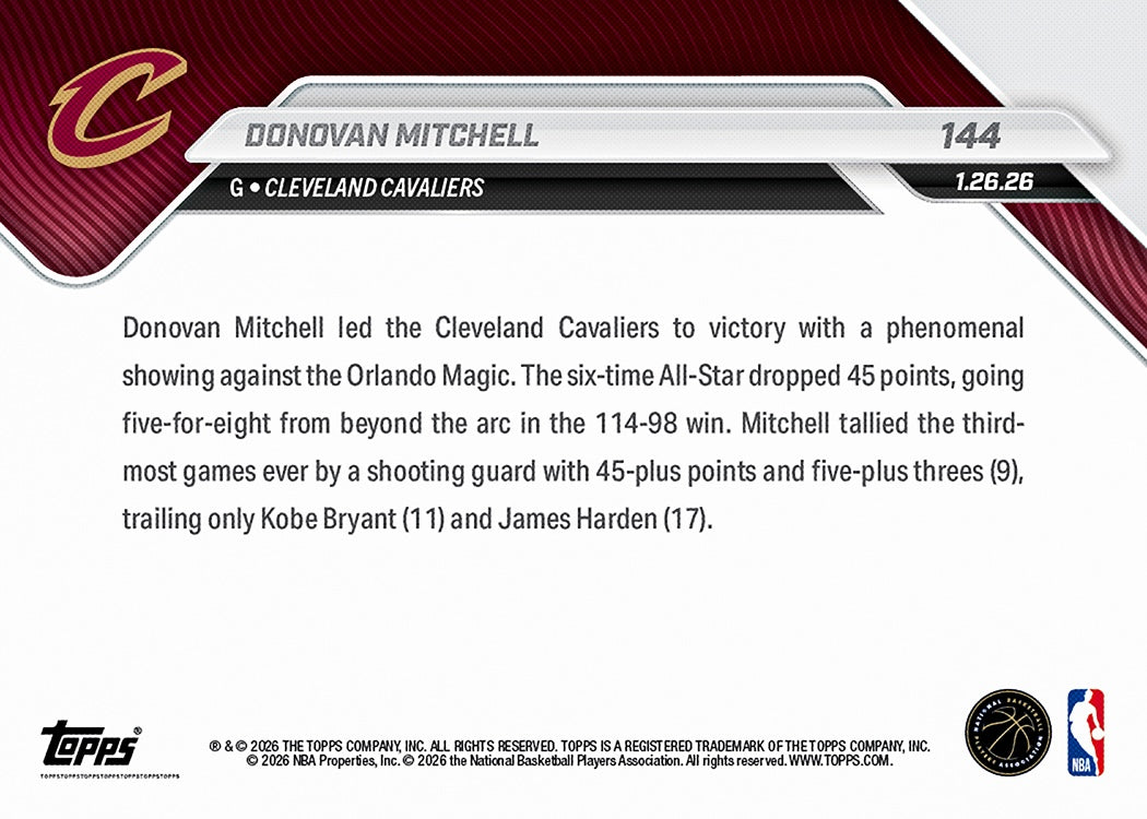 Donovan Mitchell - 2025-26 NBA Topps NOW - Card 144 - PR: 481 - Image 2
