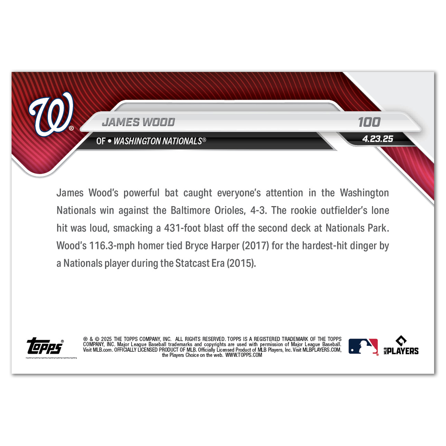 James Wood - 2025 MLB Topps NOW - Card 100 - PR: 1749 - Image 2