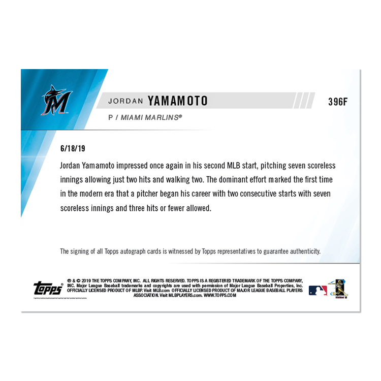 On-Card Auto # to 1 - Jordan Yamamoto - MLB TOPPS NOW Card 396F - Image 2