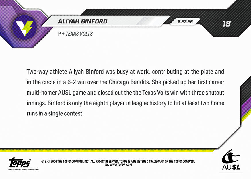 Aliyah Binford - 2026 AUSL Topps NOW - Card 18 - PR: 476 - Image 2