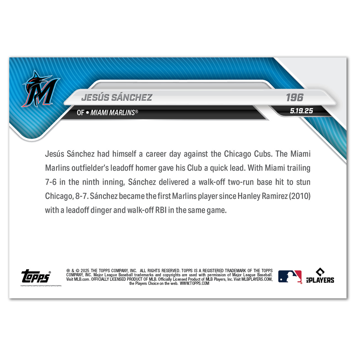 Jesús Sánchez - 2025 MLB Topps NOW - Card 196 - PR: 299 - Image 2