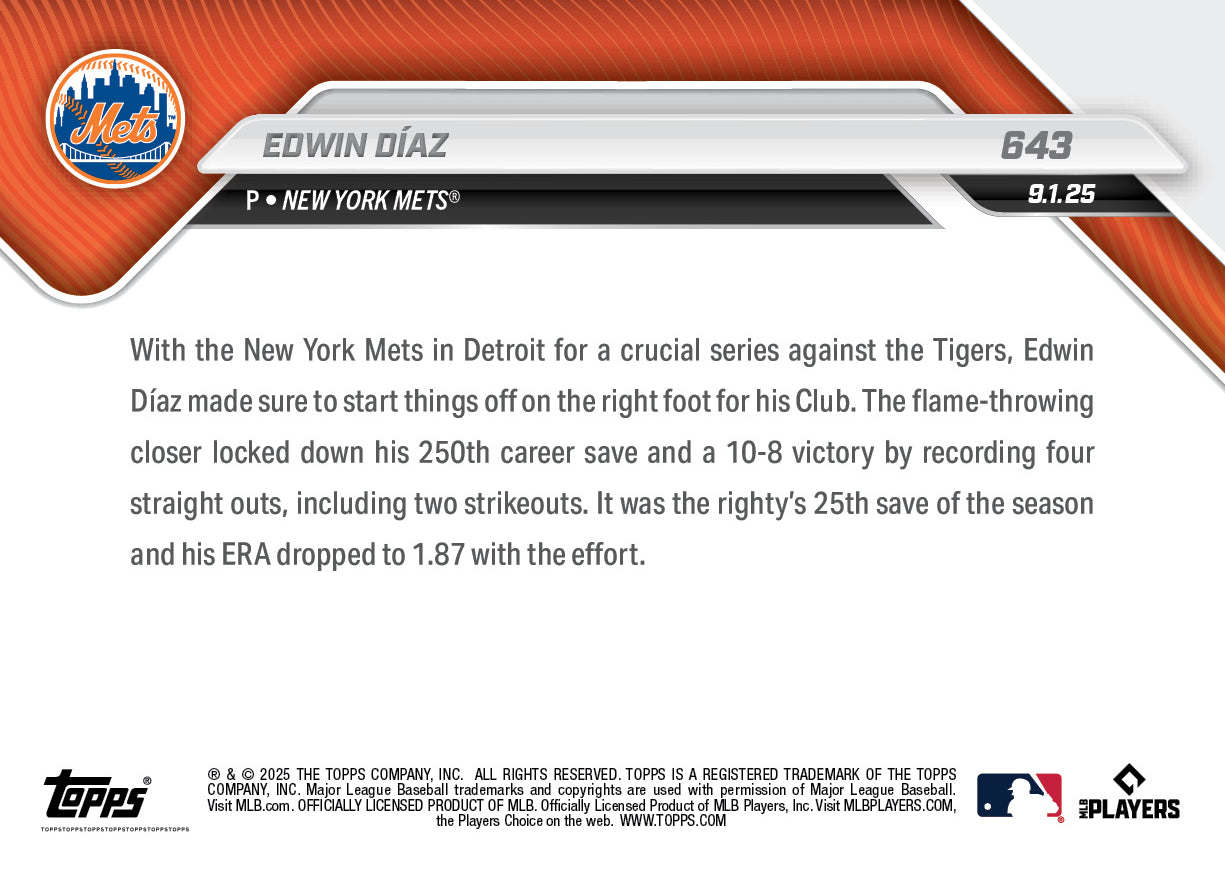 Edwin Díaz - 2025 MLB Topps NOW - Card 643 - PR: 735 - Image 2
