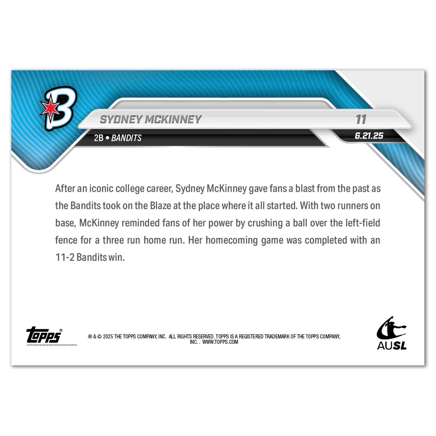 Sydney McKinney - 2025 AUSL Topps NOW - Card 11 - LOOK FOR AUTOS - PR: 722 - Image 3