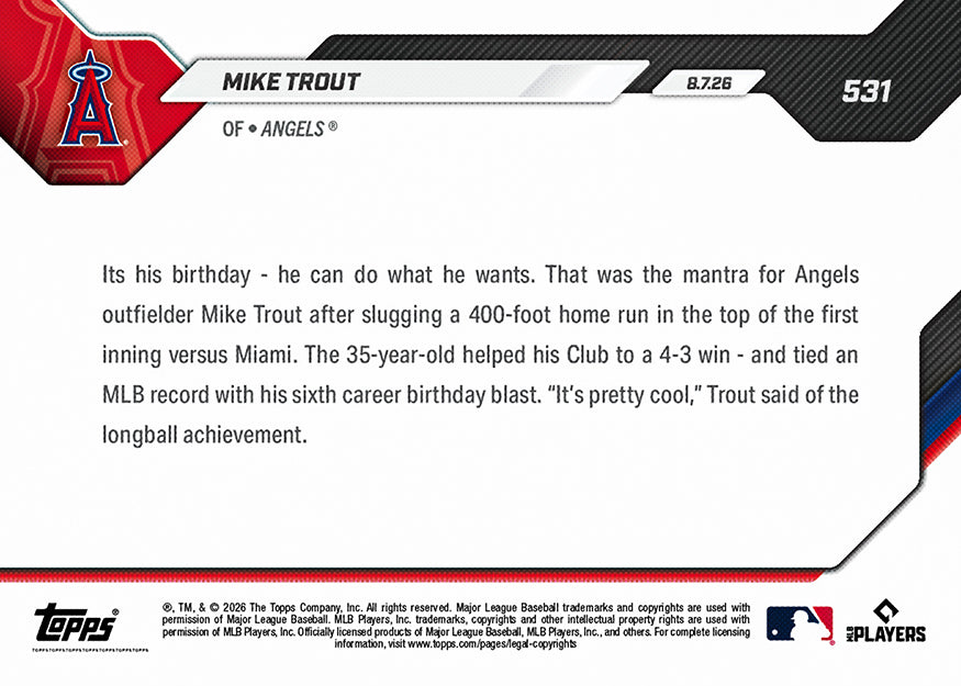 Mike Trout - 2026 MLB Topps NOW - Card 531 - PR: 2180 - Image 2