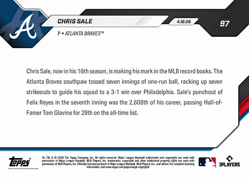 Chris Sale - 2026 MLB Topps NOW - Card 97 - PR: 561 - Image 2
