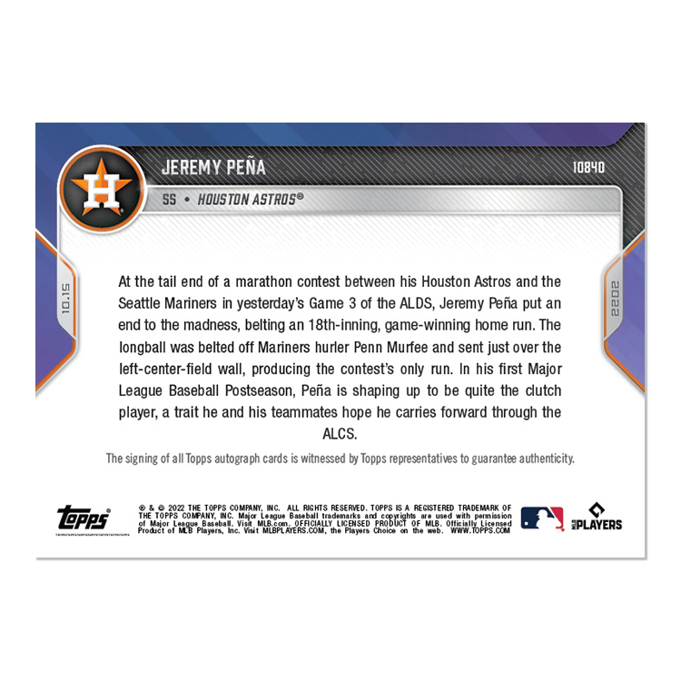 On-Card Auto # to 10 - Jeremy Peña - 2022 MLB TOPPS NOW Card 1084D - Image 2